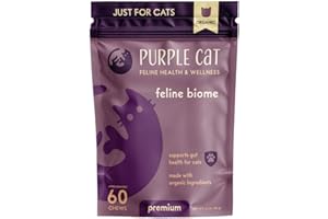 PURPLE CAT Feline Biome: Premium Cat Probiotic – Gut Health, Diarrhea Relief & Immune Support for Outdoor and Indoor Cats – Natural & Organic Ingredients – 60 Soft Chews with Real Chicken and Chicken Liver