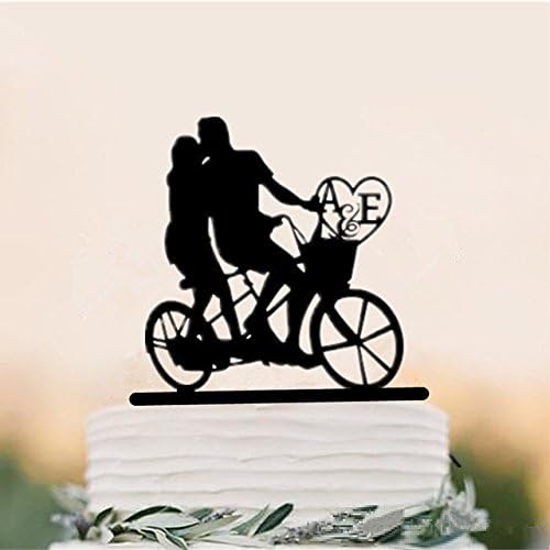 Personalized Wedding Cake Topper -Bride And Groom Kissing On The Bicycle With Their Name Initial Letter