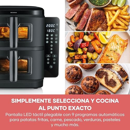 Duo Stack Freidora de aire caliente con 2 cestas de 5,5 litros cada una, cocina saludable, 9 programas automáticos, freidora sin grasa, diseño compacto, S-Fry, 2800 W, negro, FR 9598