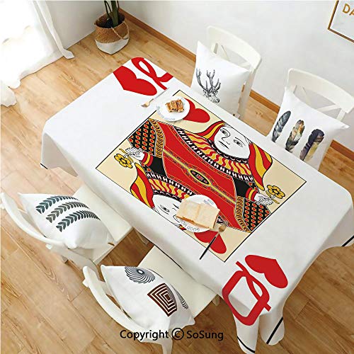 SoSung Queen Rectangle Polyester Tablecloth,Queen of Hearts Playing Card Casino Decor Gambling Game Poker Blackjack Deck,Dining Room Kitchen Rectangle Table Cover,60W X 84L inches,Red Yellow White