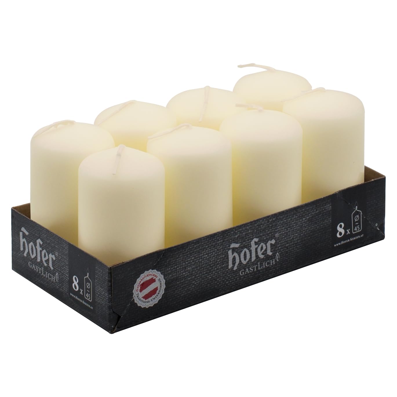 Hofer Small Pillar Candles - Set of 8 Unscented Ivory Pillars in Bulk - 4,5 x 9 cm - 15 Hours Long Burning Decorative Candles - Dripless Wax - Smokeless Wick - RAL Quality - Made in Austria
