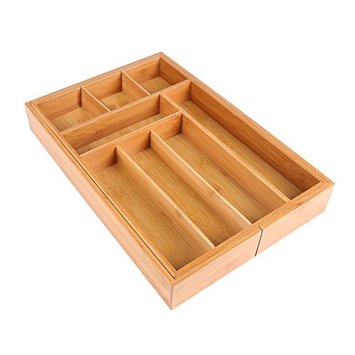 ISINO Bamboo Flatware Holder , Wooden Flatware Divider , Home and Kitchen Organizer Tray with 8-10 Slots , Size (11.6"-18.3")L x 17.5"W x2.5"H