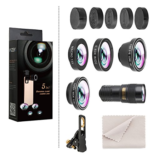 Hizek Phone Lens, 5 in 1 Phone Lens kit with 180 ° Fisheye Lens+0.63X Wide Angle Lens+Macro Lens+9X Telephoto Lens+0.4X Wide Lens for iPhone Xs XR X/8/7/6s Plus Android Smartphones