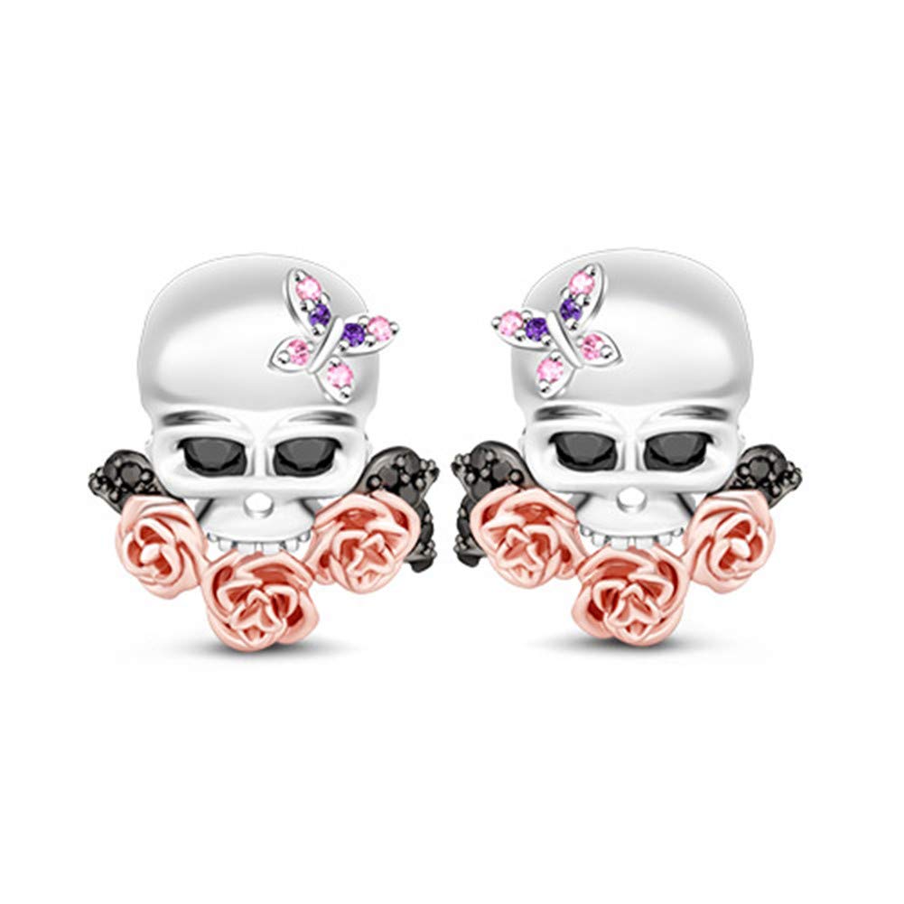 Gnoce Skull with Rose Stud Earrings Sterling Silver Fashion Earrings with Black Stone Jewelry Gift for Women Men