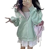 Xojbzoo Women's Y2K Zip-Up Hoodie Oversized Streetwear Cat Ear Cute Cartoon Graphic Harajuku Kawaii Sweatshirt