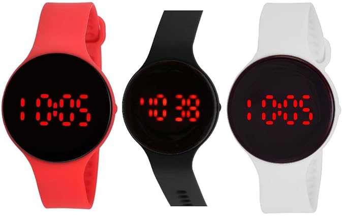 Pappi-Haunt - QUALITY ASSURED - PACK OF 3 - Unisex Silicone Blue, Black & Red Round Jelly Slim Digital LED Watch for Boys, Girls & Kids