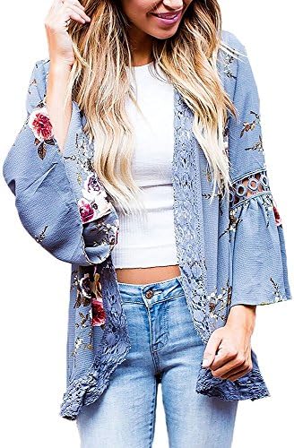 Floral Seasons Women Loose Splice Boho Fringe Flare Sleeve Solid Hollow Out Kimono Cover up Blue Medium