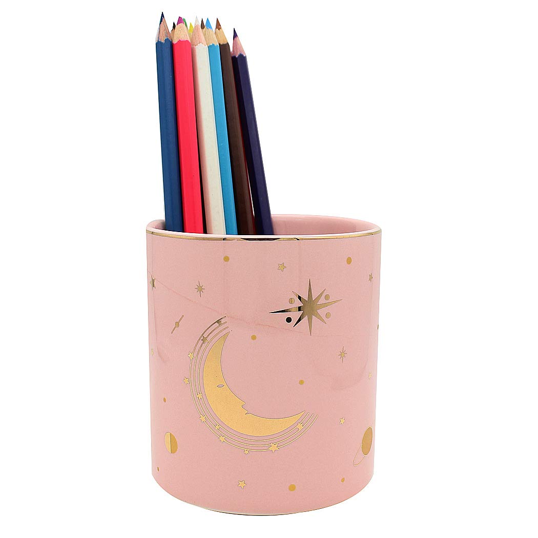 SIPLIV Starry Sky Pencil Holder Pen Containers, Durable Ceramic Desk Organizer Makeup Brush Holder Office Classroom Home - Moon, Pink