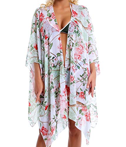 Outrip Women Swimsuit Bathing Suit Beach Cover up Chiffon Floral Kimono Cardigan (A (18) - White with Red Camellia Flowers) - Thumbnail 7