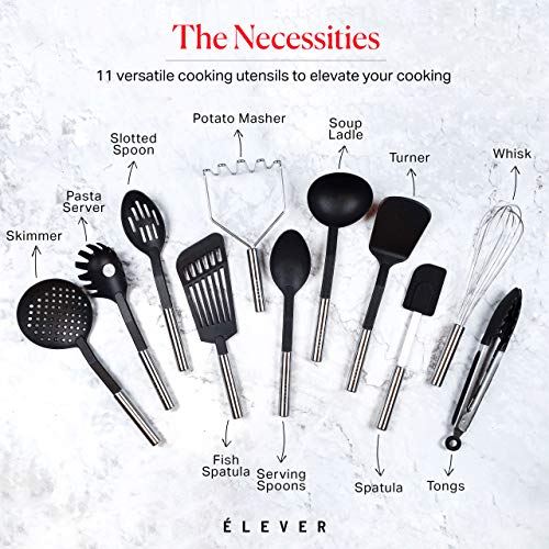 Kitchen Utensil Set - 11 Kitchen Gadgets & Cooking Utensils. Stainless Steel Kitchen Utensils for Nonstick Cookware. Spatula Set, kitchen tongs, potato masher set, Apartment Essentials Gifts - Ã‰LEVER