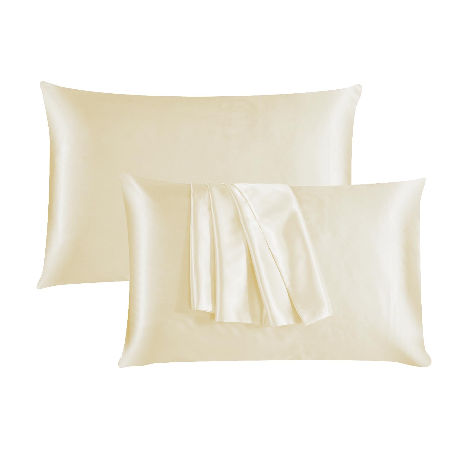 ROOEE Satin Silk Pillowcases for Hair and Skin 2 Pack Standard Size 50x75cm Envelope Closure Pillow Case (CREAM)