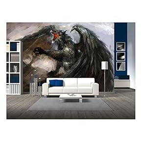 federed Winged Dragon Attack Illustration - Removable Wall Mural | Self-Adhesive Large Wallpaper - 66x96 inches