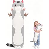 Mewaii Grey Cat Body Pillow Long Cat Plush 20 in, Extra Filling Soft Cute | Ultra-Soft Stretch Fabric, Huggable Cat Plush, For Bedtime, Sofa Back Cushion, Cute Kawaii Cat Design, Gift for Kids &amp; Girls