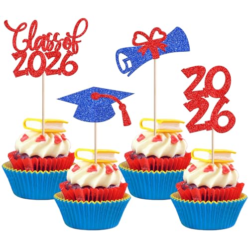 24 PCS 2026 Graduation theme Cupcake Toppers Glitter Congrats Grad Diploma 2026 Graduation Cap Cupcake Picks Class of 2026 Cake Decorations for 2026 Graduation Theme Party Supplies Blue Red at Amazon