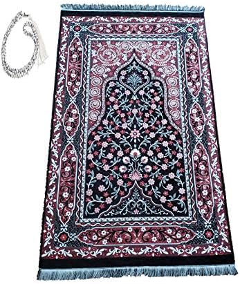 GURJHON Turkish Prayer Rug with 99 Beads Muhammad Allah TASBIH, Zikir, Haj, Tasbeeh, Subha, Misbaha Beads (TASLI) (Black)