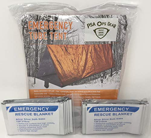 PSA Ops Gear Emergency Shelter Tent + 2 Emergency Survival Blankets (Mylar Tube Tent for Survival + Paracord + 2 Blankets)