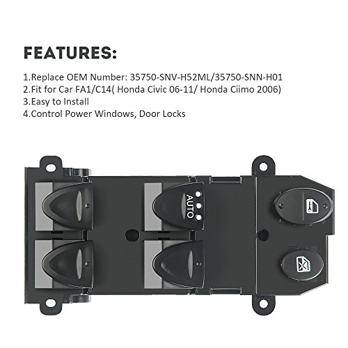 NotoCity Electric Auto Power Window Master Switch for HONDA CIVIC 2006,2007,2008,2009,2010,2011, HONDA CIIMO 2006 FA1/C14