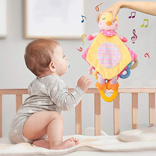 Baby Rattles Security Blanket Soft Fabric Lovey Blanket with Lovely Animal, Helps Calm Kids to Sleep for Infants, Newborn (Chick)