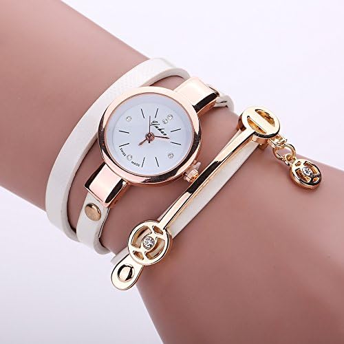 Perfect Gift For Ladies, Gold Dial Leather Chain Wrap Analog Quartz Wrist Watch Bracelet