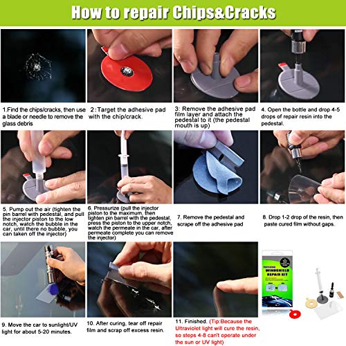 GLISTON Car Windshield Repair Kit Tools for Chips and Cracks, Nicks, Bulls-Eye, Spider Web, Star-Shaped, Half-Moon Crescents