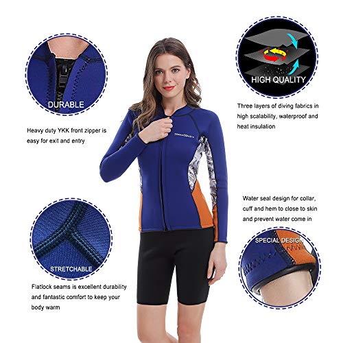 Womens Wetsuit Top, 2mm Zip Wetsuit Jacket Long Sleeve for Canoeing Sea