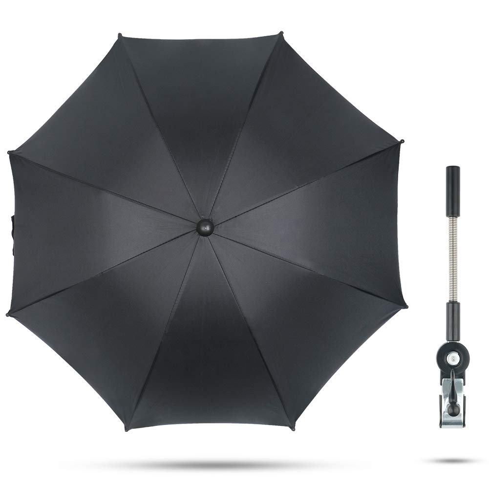 Fengzio Universal Sonnenschirm für Kinderwagen & Buggy 75 cm Durchmesser Kinderwagen Regenschirm mit Sonnenschutz und Regenschutz funktional UV Schutz 50+ und 360°Drehung - Schwarz