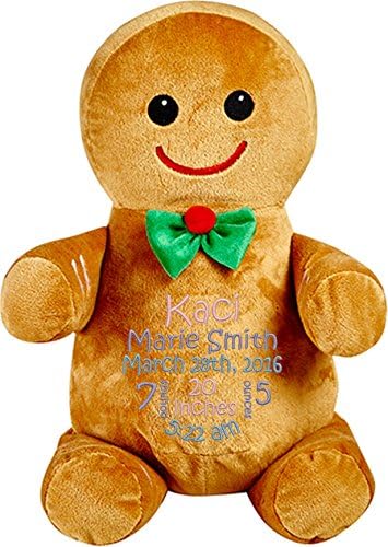 Personalized Stuffed Gingerbread Man in a Bowtie with Embroidered Baby Block in Light Pink, Lavender, and Light Blue