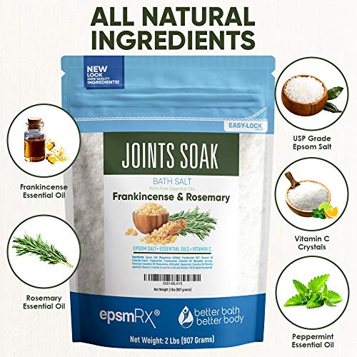Joints Soak Bath Salt 32 Ounces Epsom Salt with Rosemary, Frankincense and Peppermint Essential Oils Plus Vitamin C and All Natural Ingredients BPA Free Pouch With Easy Press-Lock Seal