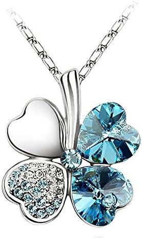 Perla Silver Plated Clover Necklace, Swarovski Crystal Leaf (Aqua)