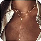 Poaiiu 14K Lariat Gold Necklace for Women, 14k Gold Plated Dainty Long Layered Y Necklaces CZ Pendant Choker Necklace Simple Trendy Jewelry Gift for Women