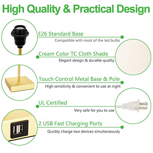 Touch Control Table Lamp, 3-Way Dimmable, 2 USB Fast Charging Ports, Bedside Nightstand Lamp With TC Cloth Shade for Bedroom, Living Room, Dorm, Office, 60W Equivalent E26 LED Bulb Included(Gold)