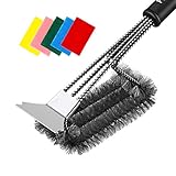 FAXTTO Safe Grill Brush and Scraper, Stainless Steel Cleaning Tool with Stiff Wire Bristle, 100% Rust Resistant Accessory for Weber/Gas/Charcoal, Best Gift for BBQ Lovers. Bonus 5 Heavy Duty Scour Pad