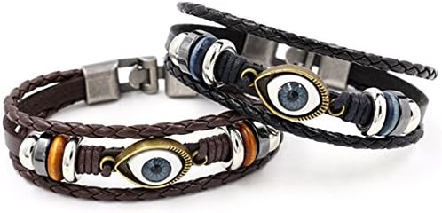2PCS Evil Eye Zen Adjustable Braided PU Leather Surfer Couple Bracelet Cuff , 8.5 Inches