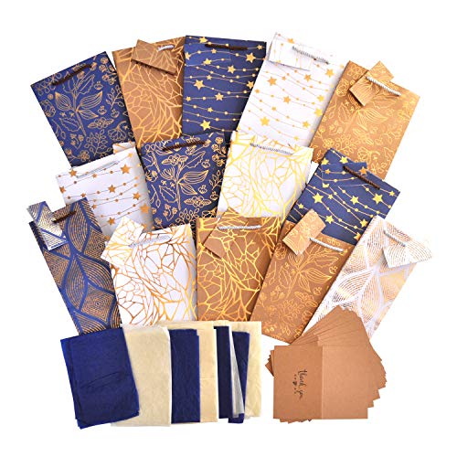 Christmas Gift Bags Bulk - Set of 16: 12 Assorted Medium Size Bags with Rope Handles + 2 Wine Bags + Tissue Paper + 12 Cards