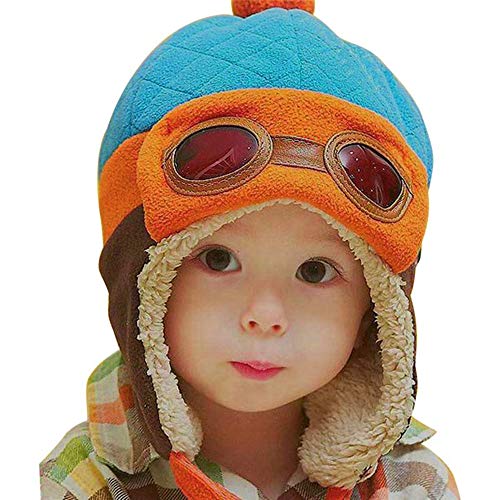 Crochet Earflap Pilot Hats Rabbit Ears Beanie Cap Winter Warm Knit Caps for Toddlers Baby Girls and Boys (Blue)