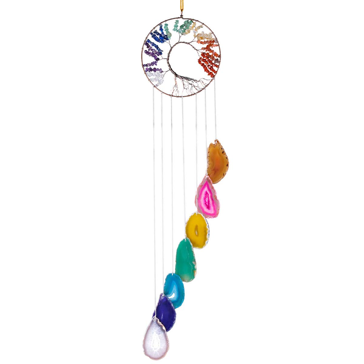 Nupuyai Tree of Life Agate Slices Wind Chimes, 7 Chakra Stone Healing Crystal Hanging Ornament Home Window Wall Art Decor Multicolour