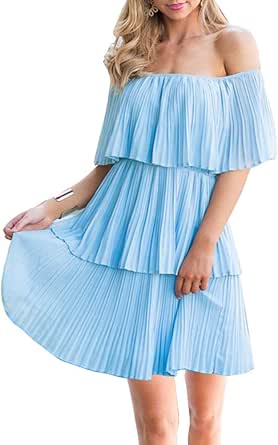 Soesdemo Women's Casual Off The Shoulder Sleeveless Tiered Ruffle Pleated Short Party Beach Dress