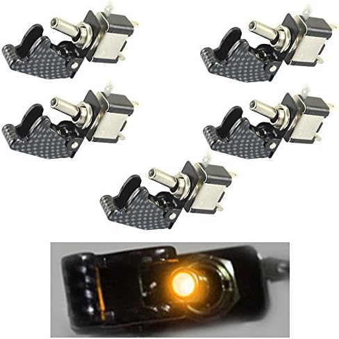 Etopars 5 X 12V 20A Carbon Fiber Cover Yellow LED Light Rocker Toggle Switch SPST ON/OFF Car Vehicle Boat