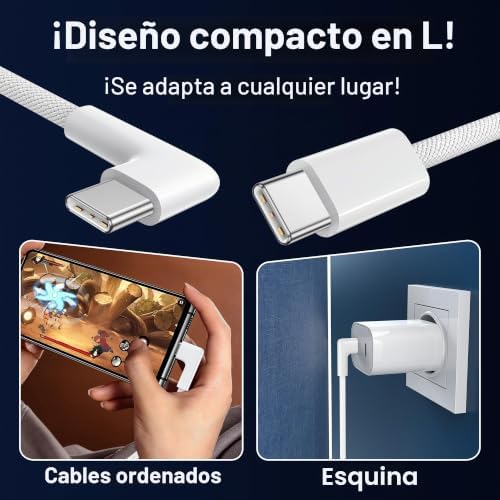 Cable USB C a USB C[2Pack 2M] 60W Cable Carga Rapida Tipo C 90 Grados PD