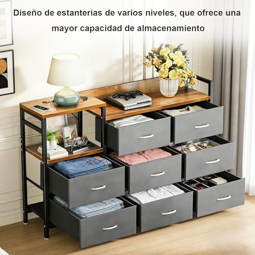 STAR BURN Cómoda para Recamara,Cajonera con Estación de Carga y 8 Cajones Deslizantes de Tela,Comodas Muebles para Recamara con Estantes Abiertos de Madera,Mueble Organizador Recamara Gris+Marron