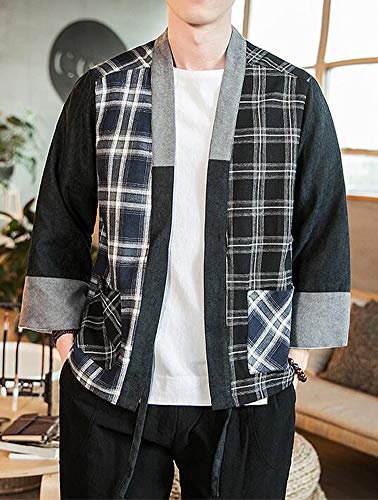 Hotmiss Men's Hipster Plaid Patchwork Linen Cloak Open Front Cardigan Kimono Jackets (Black Plaid, Medium) - Thumbnail 3