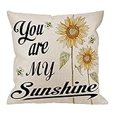 HGOD DESIGNS You are My Sunshine Pillow Case, Quote with Bees and Yellow Sunflowers Cotton Linen Cushion Cover Square Standard Home Decorative for Men/Women 18x18 inch White Black Yellow