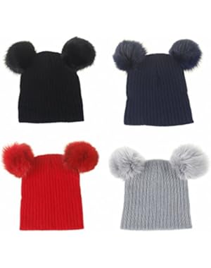 4 Pcs Double Fur Ball Baby Boys Pom Pom Cable Knit Beanie Hat Cap