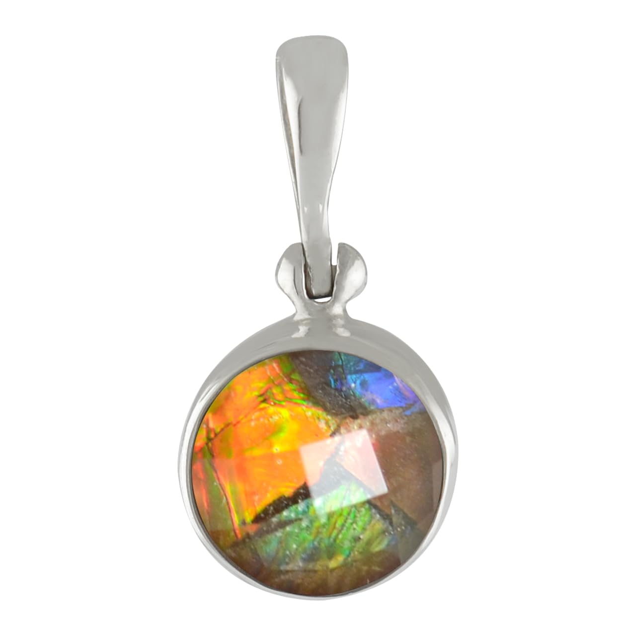 Starborn Ammolite with Quartz Crystal Faceted 7.5 mm Diameter 925 Sterling Silver Round Pendant, Sterling Silver, Ammolite