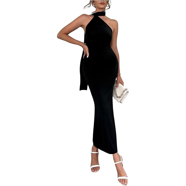 white christmas dresses Fitted Satin Halter Corset Slit Gown by Ladivine CH048