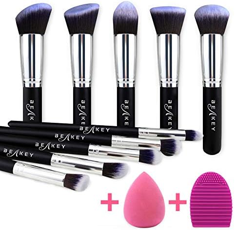 BEAKEY Makeup Brush Set, Premium Synthetic Kabuki Foundation Face Powder Blush Eyeshadow Brushes Makeup Brush Kit with Blender Sponge and Brush Cleaner (10+2pcs, Black/Silver)