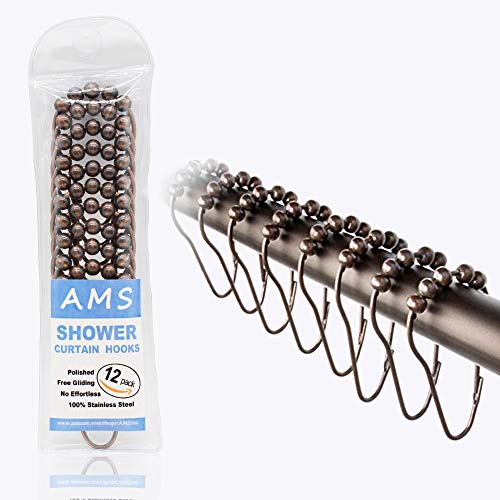 AMS Shower Curtain Hooks Rings - 100% Stainless Steel - Decorative with Polished Metal Frame,Set of 12 Rings (Bronze) - Thumbnail 6