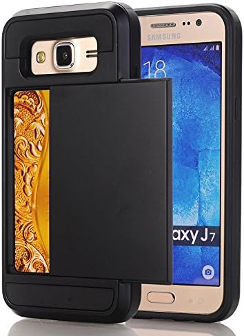 Galaxy J7 Case, Wostyle Samsung Galaxy J7 Wallet Case, Flexible Shockproof Rubber Bumper Armor Hard Case Cover with Card Holder Slot for Samsung Galaxy J7 2015 / Samsung SM-J700 (Black)