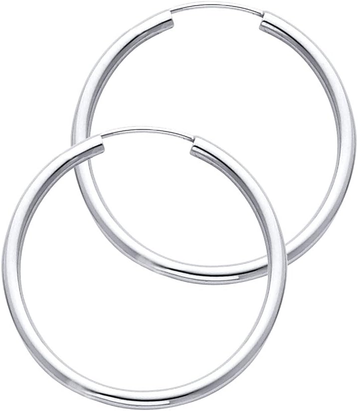 TWJC 14k REAL White Gold 2mm Thickness Endless Hoop Earrings - 9 Different Size Available