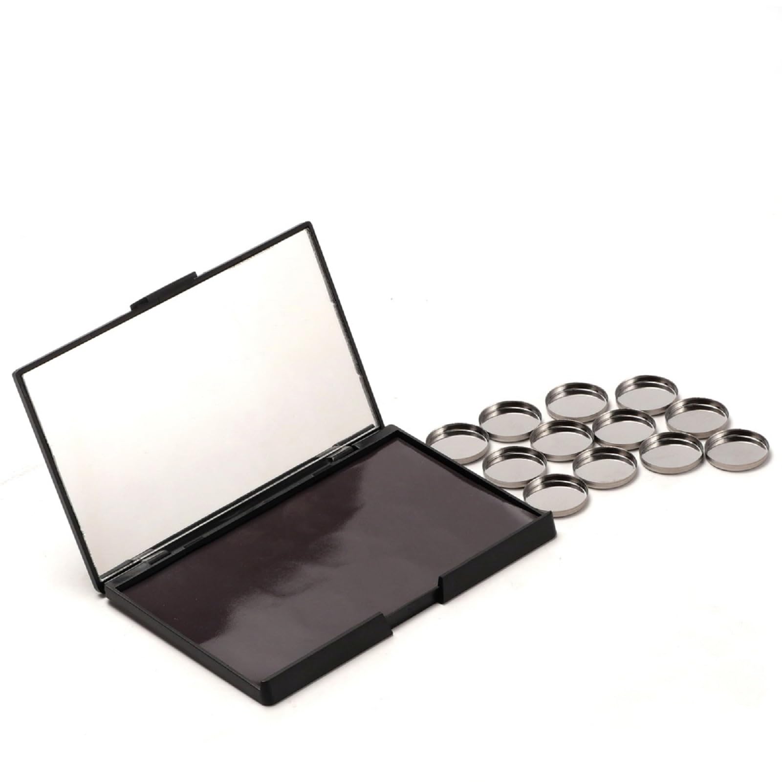VANANA DIY Magnetic Eyeshadow Palette, Makeup Palette with Mirror for Eyeshadow Lipstick Blush Highlighter Storage, with 12 Pieces of Round Metal Pans (15x10cm - Without Grids, Black - with Mirror)